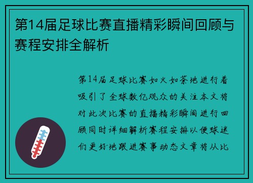 第14届足球比赛直播精彩瞬间回顾与赛程安排全解析